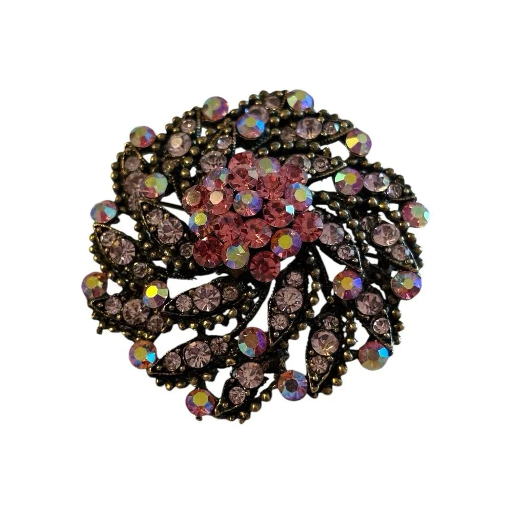 VTG Layered Flower Brooch Pin Pendant‎ Cluster Pink AB Rhinestones Spiral Domed